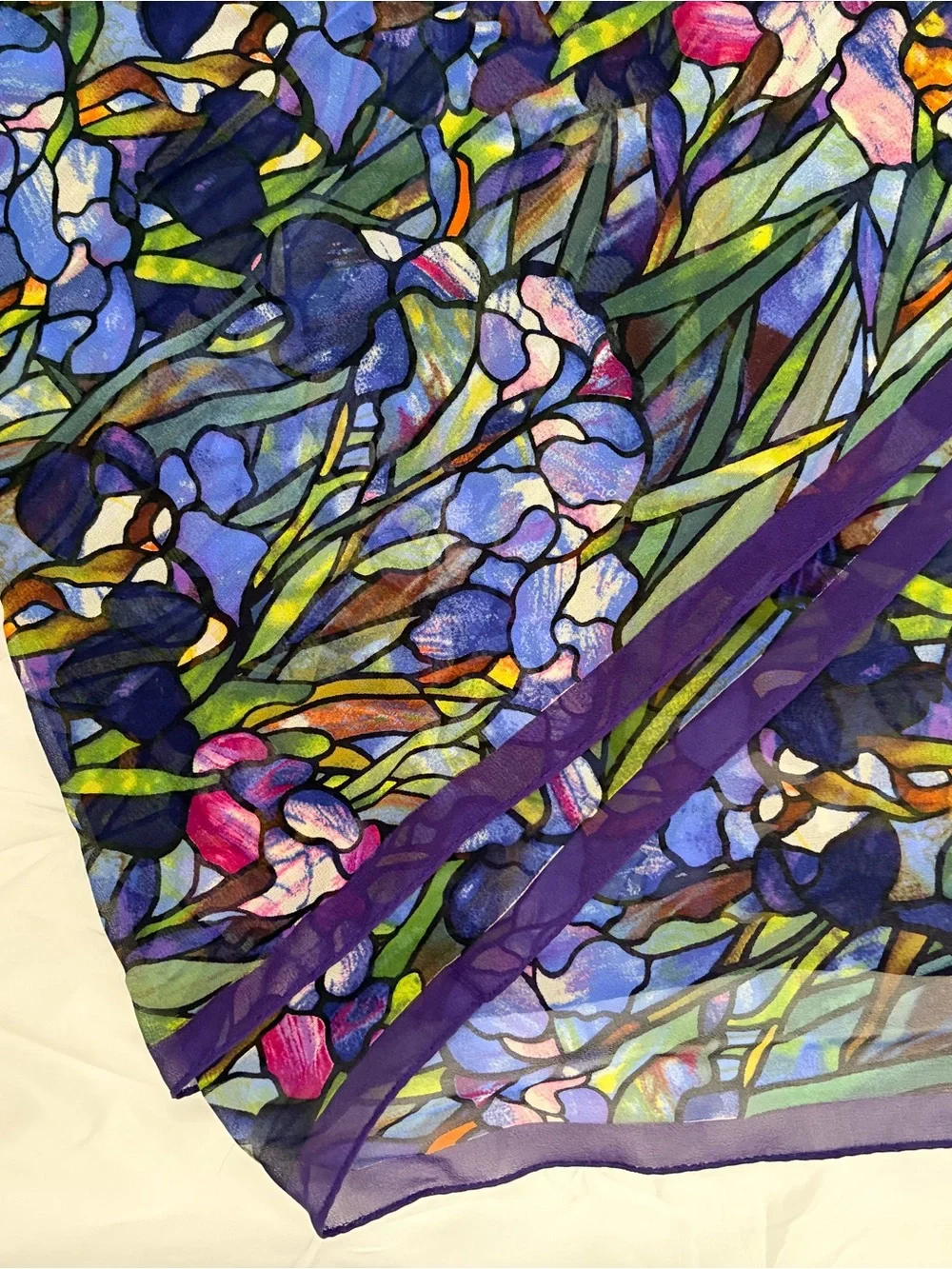 Vintage Floral Stained-Glass Silk Scarf in Purple and Blue